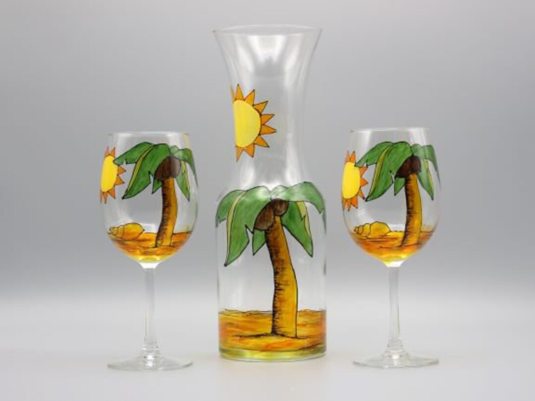 Painted Palm Tree Wine Glasses and Carafe Set, Great Retirement Gift Etsy