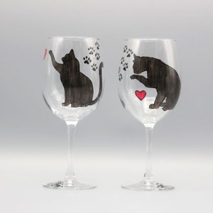Painted Cat Silhouette Wine Glasses, Hand Painted Wine Glasses, Wine Glasses For Cat Lovers, Pet Lover Gift, Set of Two