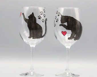 Painted Cat Silhouette Wine Glasses, Hand Painted Wine Glasses, Wine Glasses For Cat Lovers, Pet Lover Gift, Set of Two