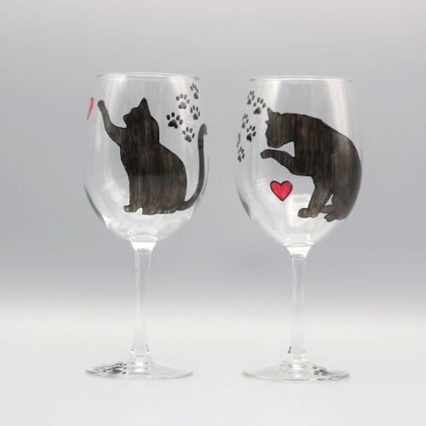 Painted Cat Silhouette Wine Glasses, Hand Painted Wine Glasses, Wine Glasses For Cat Lovers, Pet Lover Gift, Set of Two