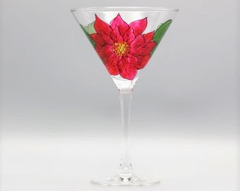 Painted Christmas Martini Glass, Poinsettia Design, Elegant Christmas Martini Glass, Personalized Christmas Gift, Holiday Martini Glass