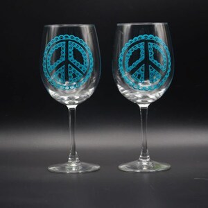 Hand Painted Mandala Peace Sign Wine Glasses - Custom Gifts For Hippies - Boho Hippie Design - Offered In Three Colors - Set of Two