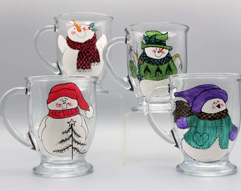 Painted Snowman Mugs Set Of Four, Gift For Snowman Lovers, Christmas Coffee Mugs, Personalized Free, Cutest Snowmen Mugs