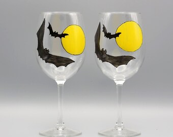 Hand Painted Halloween Wine Glasses -Painted Bat and Moon Design - Spooky Elegant Drinkware - Perfect for Halloween Parties - Set of Two