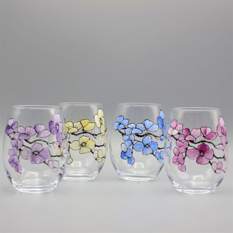 Painted Flowers Wine Glass Painted in Four Colors Beautiful Cherry Blossom Flowers Design Sold Separate Painted Mother/'s Day Wine Glass