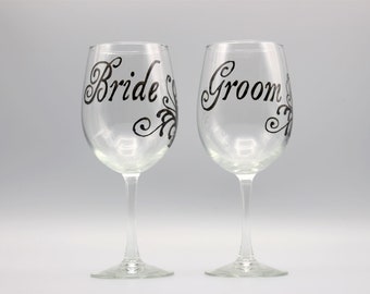 Personalized Wedding Wine Glasses, Painted Wedding Wine Glasses, Gifts For the Bride and Groom, Personalized Wedding Gifts, Set Of Two