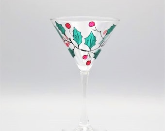 Painted Christmas Martini Glass, Beautiful Christmas Holly Design, Personalized Christmas Martini Glass, Christmas Hostess Gift Idea