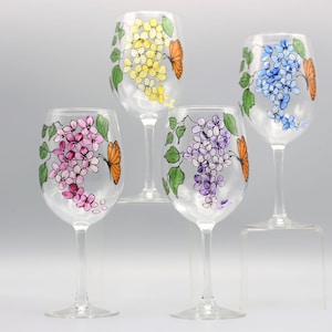 Painted Mother&#39;s Day Wine Glass, Gorgeous Butterfly and Flower Design, Four Different Colored Blooms, Mother&#39;s Day Gift Sold Separately