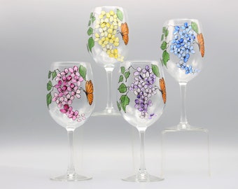 Painted Mother's Day Wine Glass, Gorgeous Butterfly and Flower Design, Four Different Colored Blooms, Mother's Day Gift Sold Separately