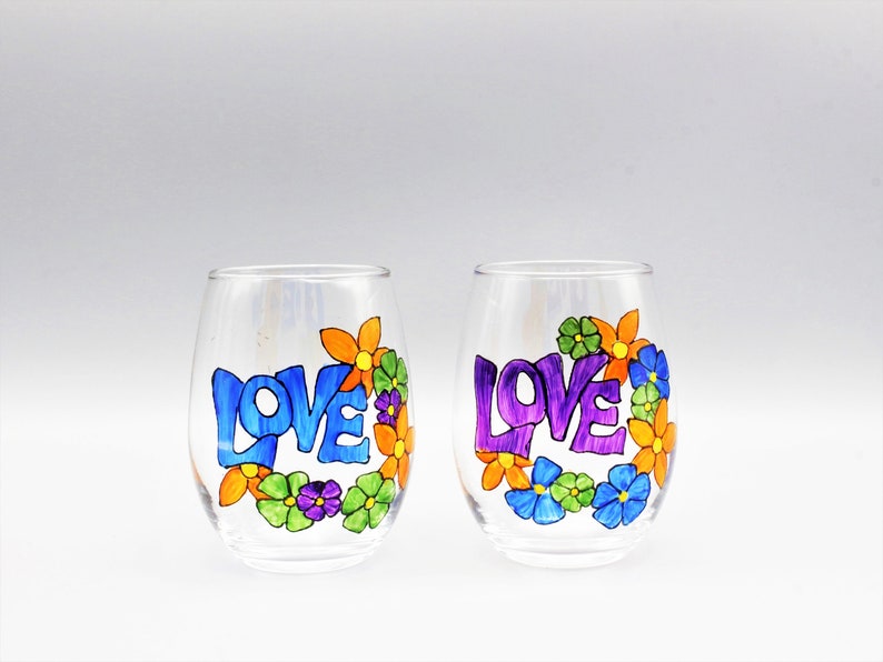 Painted Hippie Love Stemless Wine Glasses, Painted Love With Flowers, Painted Hippie Wine Glasses, Hippie Gifts, Set of Two image 1