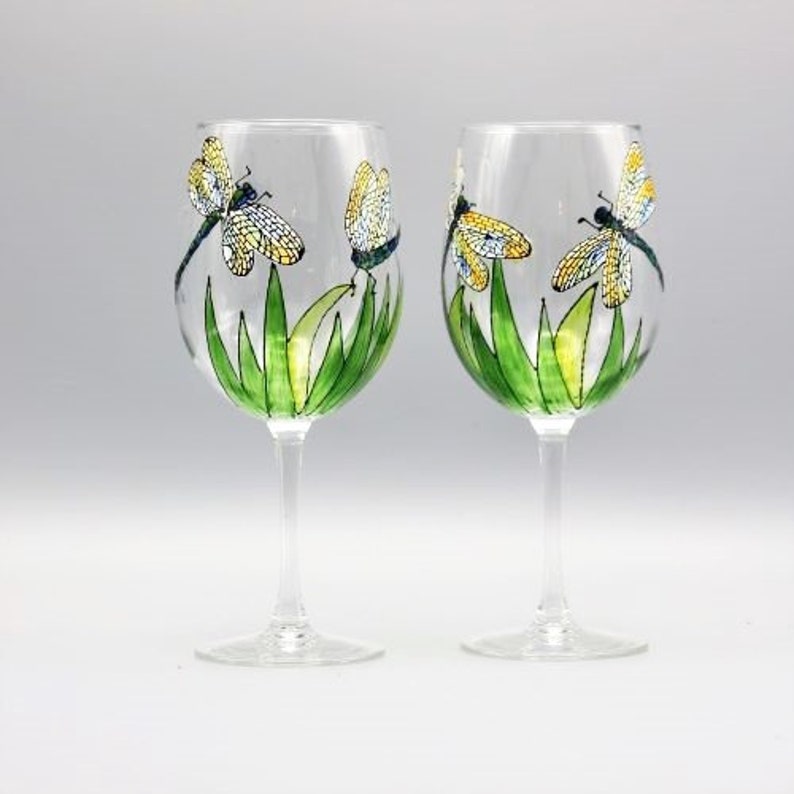 Painted Dragonfly Wine Glasses Painted Dragonflies With Etsy