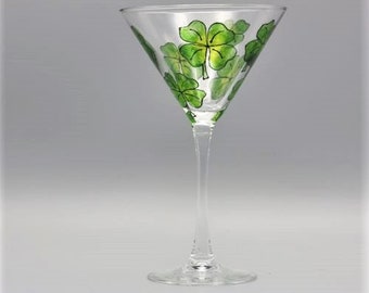Painted Shamrock Martini Glass, Irish Martini Glass, Shamrocks In Shades of Green, St Patrick's Day Martini Glass, St Patrick's Day Gift