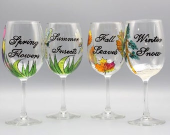 Painted Four Season Wine Glasses, One Of Each Season Wine Glasses Set, Gifts For Wine Lovers, Set of Four