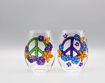 Painted Peace Sign Wine Glasses, Hand Painted Stemless Wine Glasses, Colorful Peace Sign and Flowers Design, Great Hippie Gift, Set of Two