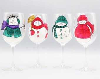 Painted Snowmen Wine Glasses, Snowmen Wine Glasses Set of Four Different Snowmen Designs, Cute Snowmen Gifts, Snowman Lover Gifts
