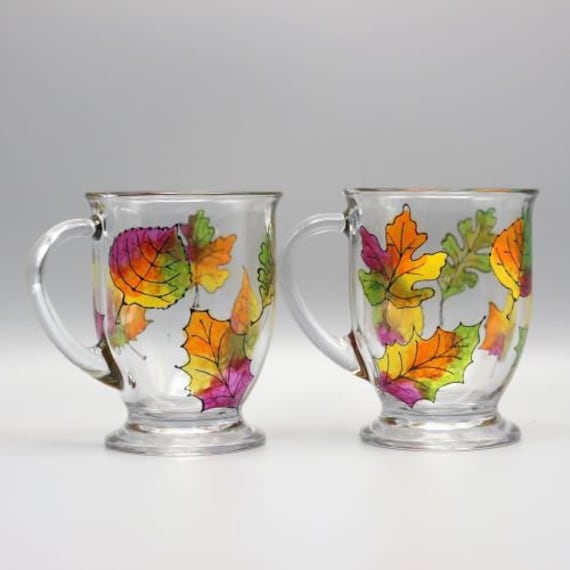 Painted Fall Leaves Mugs Set Of Two, Colorful Fall Design, Personalized Fall Coffee Mugs, Fall Gifts, Warm Colors, Fall Lover Gift