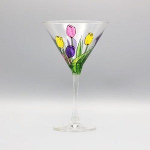 Painted Tulip Martini Glass, Lovely Tulips Painted In Pastel Colors, Mother&#39;s Day Martini Glass, Personalized Free, Great Mom Gift