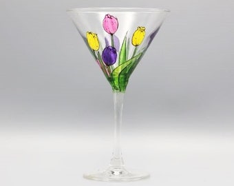 Painted Tulip Martini Glass, Lovely Tulips Painted In Pastel Colors, Mother's Day Martini Glass, Personalized Free, Great Mom Gift