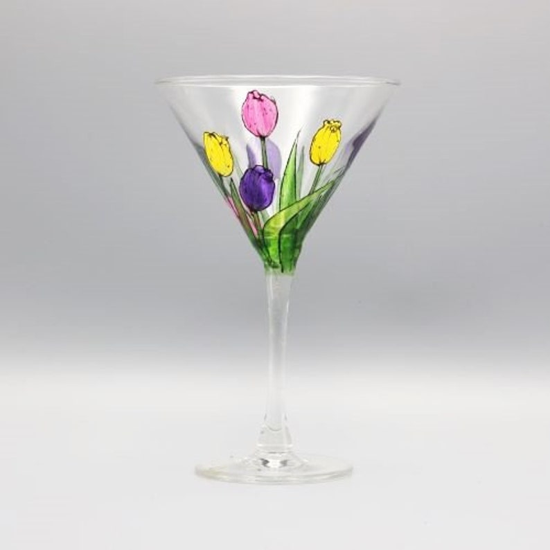 Painted Tulip Martini Glass, Lovely Tulips Painted In Pastel Colors, Mother's Day Martini Glass, Personalized Free, Great Mom Gift image 1