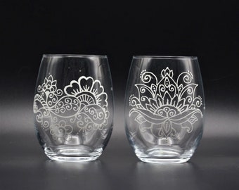 Painted Mandala Stemless Wine Glasses, Delicate Mandala Design, Boho Wine Glasses, Gifts For Hippies, Set of Two