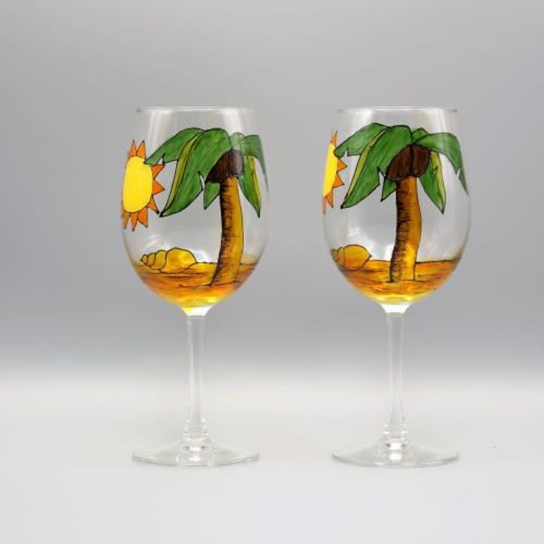 Painted Palm Tree Wine Glasses, Happy Retirement Wine Glasses