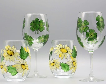 Painted Shamrock and Daisy Wine Glasses Set, Painted Shamrock Wine Glasses And Painted Stemless Daisy Wine Glasses Set of Four, Housewarming