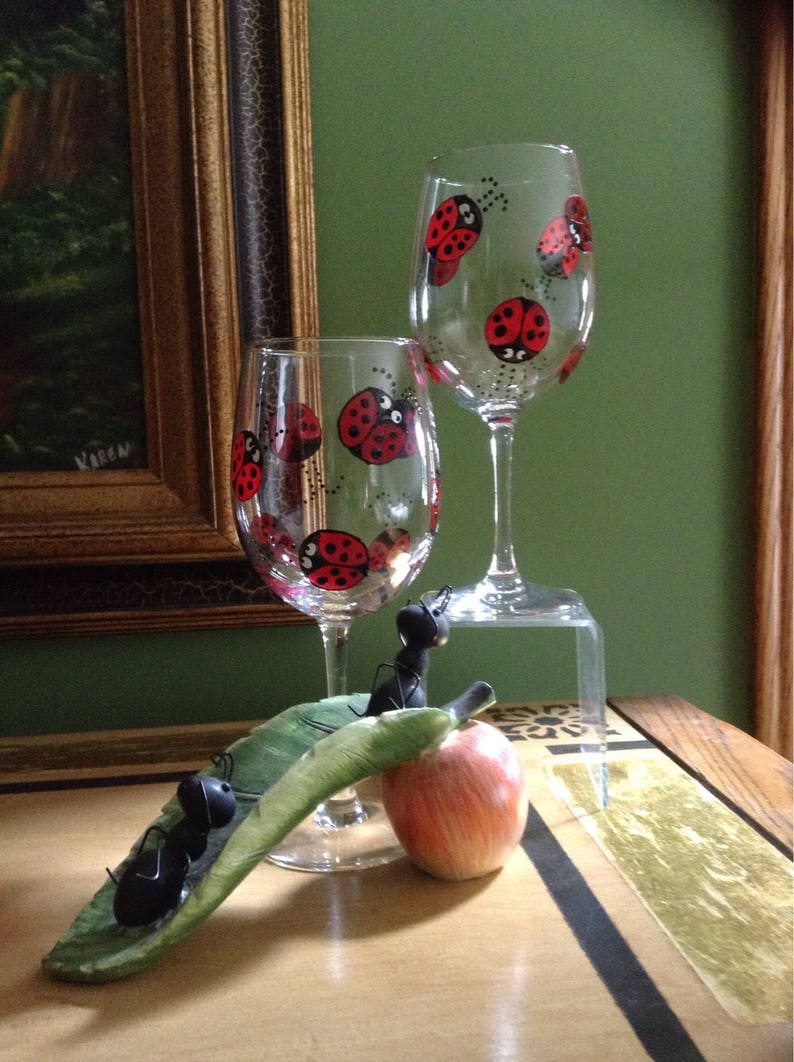 Painted Ladybug Wine Glasses Whimsical Ladybugs Ladybug Wine Etsy