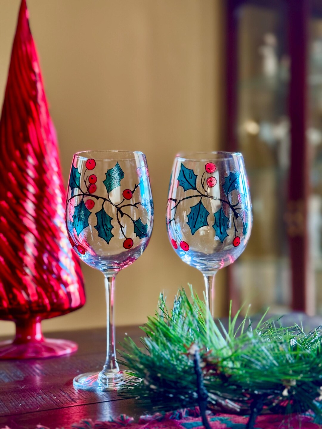 Bezrat Hand Painted Wine Glasses Set Of 2 - 12 Oz, Inspired By Duomo Di Milano, Red