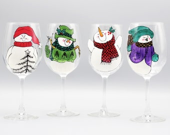 Painted Snowman Wine Glasses, Cutest Snowmen Wine Glasses, Set of Four Different Snowmen, Personalized Free, Snowman Lover Gifts