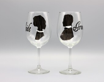 Copas de vino de boda personalizadas para los novios, silueta de los novios, regalo de boda para los novios, juego de dos