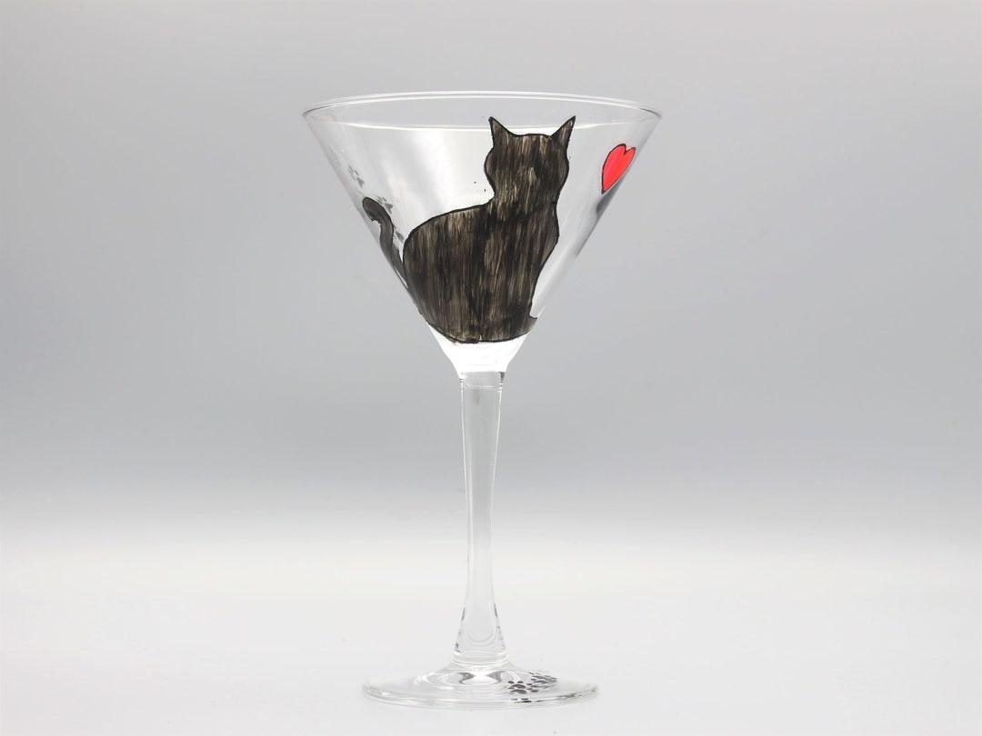 Hand Painted Cat Martini Glass, Painted Cat Silhouette Martini Glass