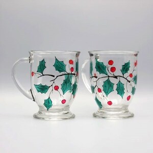 Painted Holly Mugs, Painted Christmas Mugs, Painted Mugs, Beautiful Holly Christmas Design, Set of Two