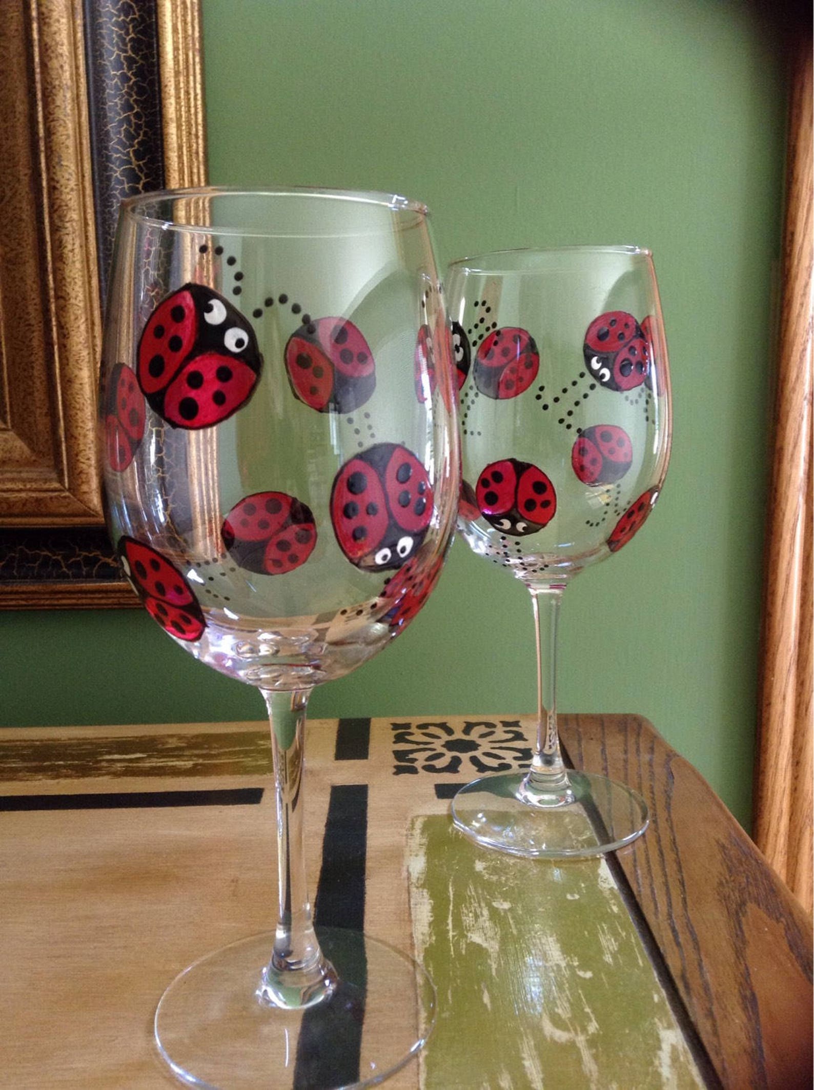 Painted Ladybug Wine Glasses Whimsical Ladybugs Ladybug Wine Etsy