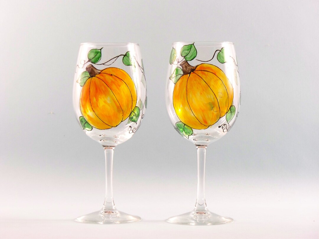 Painted Pumpkin Wine Glasses Pumpkin and Vine Design Great Etsy