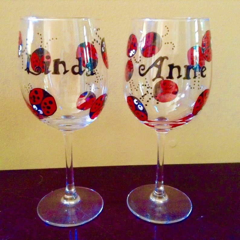Painted Ladybug Wine Glasses Whimsical Ladybugs Ladybug Wine Etsy