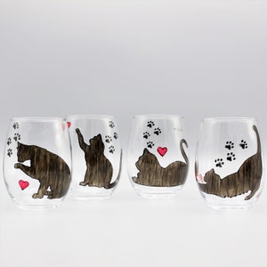 Painted Cat Silhouette Stemless Wine Glasses, Four Different Cat Poses, Gifts For Cat Lovers, Gifts For Cat Moms, Set of Four