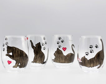 Painted Cat Silhouette Stemless Wine Glasses, Four Different Cat Poses, Gifts For Cat Lovers, Gifts For Cat Moms, Set of Four