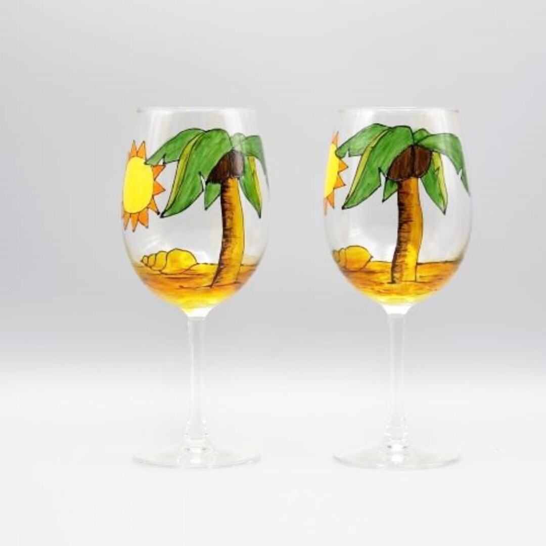 Painted Palm Tree Wine Glasses Swaying Palm Tree on A Sandy Etsy