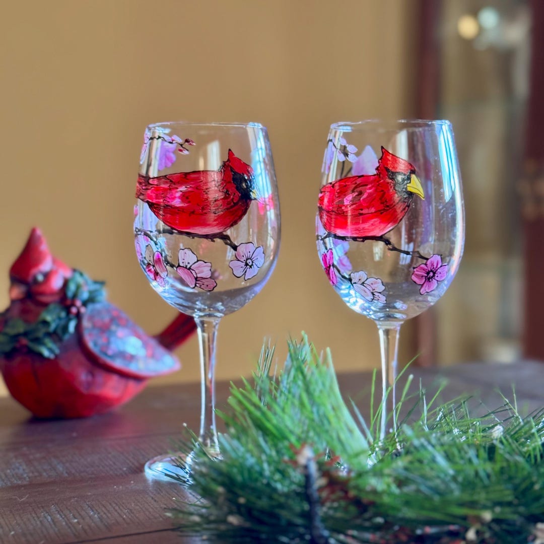 Painted Cardinal Wine Glasses, Hand Painted Wine Glasses, Breathtaking ...