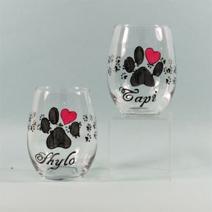 Painted Paw Print Stemless Wine Glasses, Gift For Pet Lovers, Personalized Pet Gifts, Set of Two