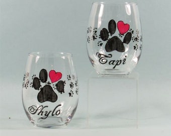 Painted Paw Print Stemless Wine Glasses, Gift For Pet Lovers, Personalized Pet Gifts, Set of Two