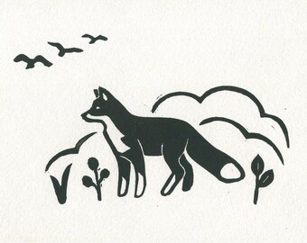 May include: Black and white linocut print of a fox walking through a field with birds flying overhead.