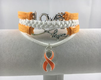 ADHD, Hunger, Leukemia, Motorcycle Safety, Multiple Sclerosis, Muscular Dystrophy Orange and White Suede Multi-Strand Awareness Bracelet