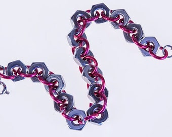 SALE!! Stainless Steel Hex Nut, Anodized Aluminum Bracelet Benefiting Cystic Fibrosis