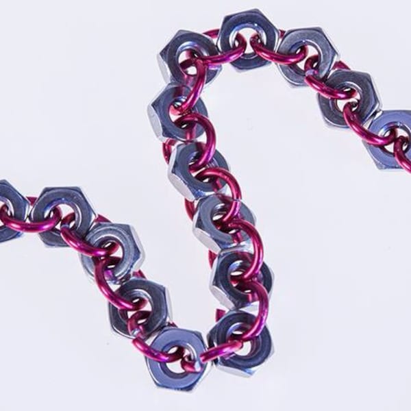 SALE!! Stainless Steel Hex Nut, Anodized Aluminum Bracelet Benefiting Cystic Fibrosis