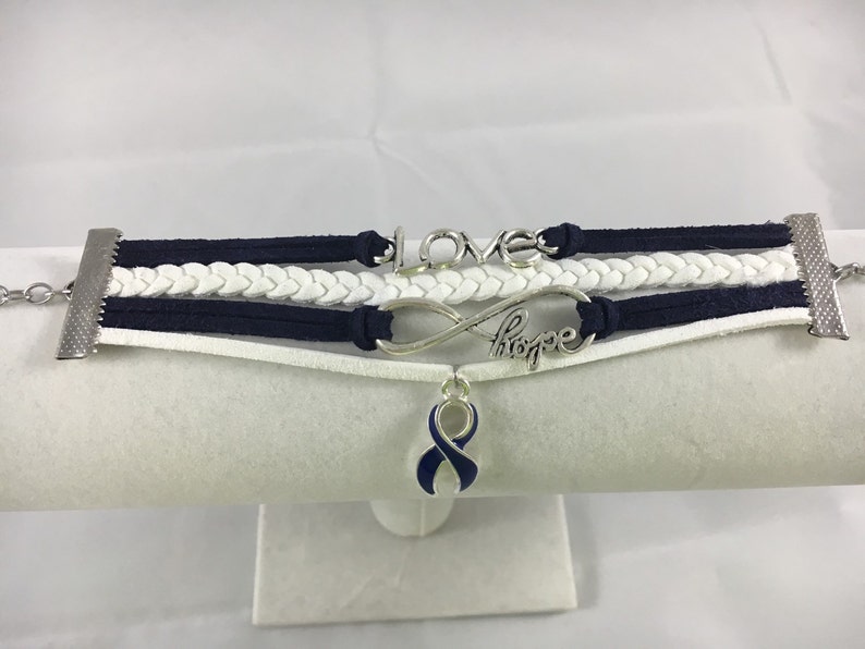 ARDS, Anal Cancer, Arthritis, Colitis, Colon Cancer, Dystonia, Huntington's Disease, Blue and White Suede Multi-Strand Awareness Bracelet image 3