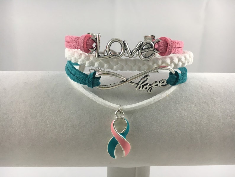 Teal and White Fauc Suede Awareness Bracelet! Hereditary Breast Cancer Pink
