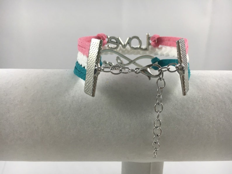 Teal and White Fauc Suede Awareness Bracelet! Hereditary Breast Cancer Pink