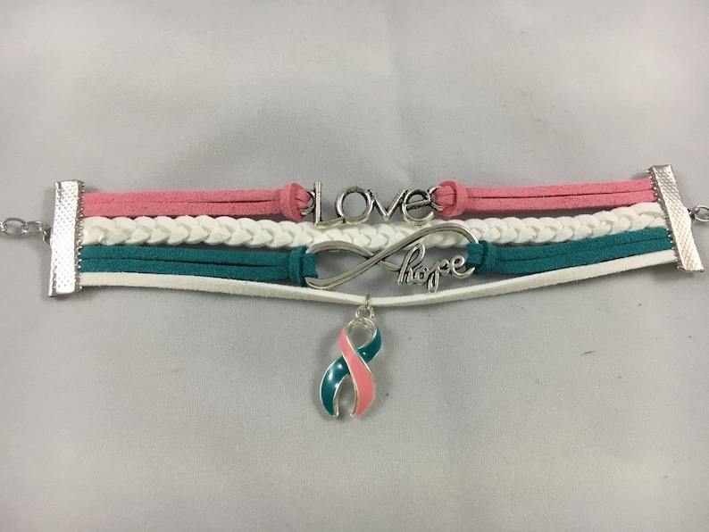 Teal and White Fauc Suede Awareness Bracelet! Hereditary Breast Cancer Pink