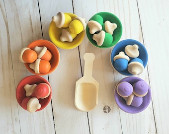 Rainbow matching acorn bowls, acorn sorting,Wood Toy,  Matching Toy, Rainbow Toy, Montessori toy, Waldorf toy, natural toy, sorting toy,